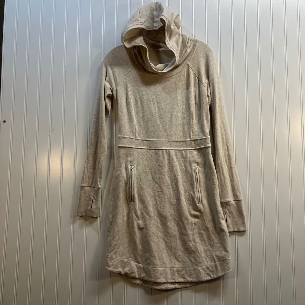 Athleta Power Down Active Hooded Yoga Dress Oatmeal Heather Beige  Thumbhole XS - Picture 2 of 11